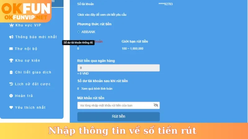 Nhập thông tin về số tiền rút