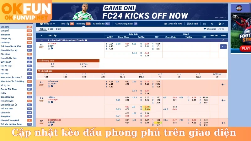 Cập nhật kèo đấu phong phú trên giao diện